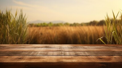The empty wooden brown table top with blur background