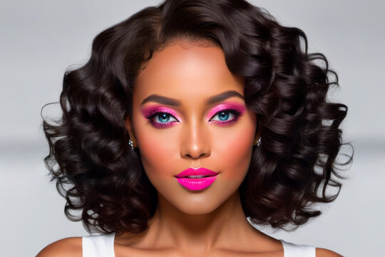The image features a beautiful African American woman with curly hair and bright pink lipstick.