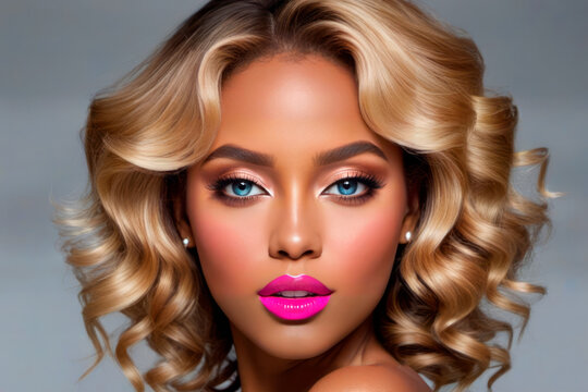 The image features a close-up of a woman with blonde curly hair and bright pink lipstick. She has defined eyes and is wearing pearl earrings. The background is a light gray.
