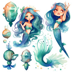 Beautiful Mermaid Watercolor Clipart, Cute Design for Your Project, Ai Generative