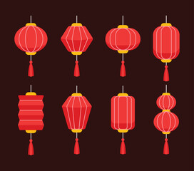 Chinese lantern icon set, Chinese new year design elements in minimal modern geometric style. Vector illustration on isolated white background. Paper lamp for ads, web banner, promotion decoration.