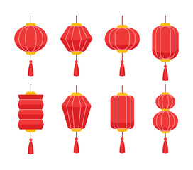 Chinese lantern icon set, Chinese new year design elements in minimal modern geometric style. Vector illustration on isolated white background. Paper lamp for ads, web banner, promotion decoration.