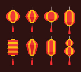 Chinese lantern icon set, Chinese new year design elements in minimal modern geometric style. Vector illustration on isolated white background. Paper lamp for ads, web banner, promotion decoration.