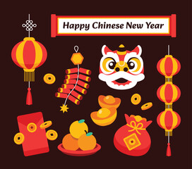 Chinese new year icon set. Flat design element in cartoon modern geometric style on isolated background. Lion dance, money, gold ornament for ads, promotion banner decoration. Vector illustation.