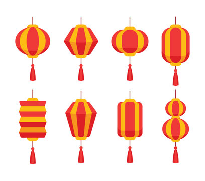 Chinese lantern icon set, Chinese new year design elements in minimal modern geometric style. Vector illustration on isolated white background. Paper lamp for ads, web banner, promotion decoration.