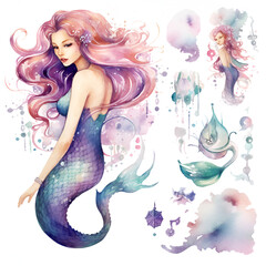 Obraz na płótnie Canvas Beautiful Mermaid Watercolor Clipart, Cute Design for Your Project, Ai Generative