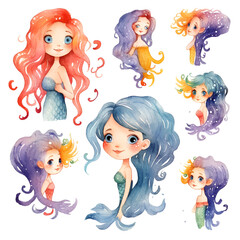 Beautiful Mermaid Watercolor Clipart, Cute Design for Your Project, Ai Generative