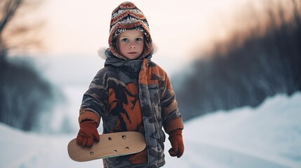 little boy with snowboard. Kid on snowboard in winter sunset nature. Sport photo with edit space.