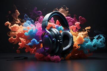 Headphones with colourful smoke on dark background., 3D rendering designs. - obrazy, fototapety, plakaty