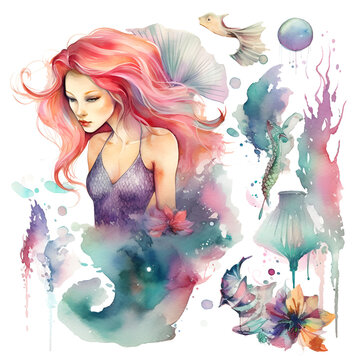 Beautiful Mermaid Watercolor Clipart, Cute Design for Your Project, Ai Generative