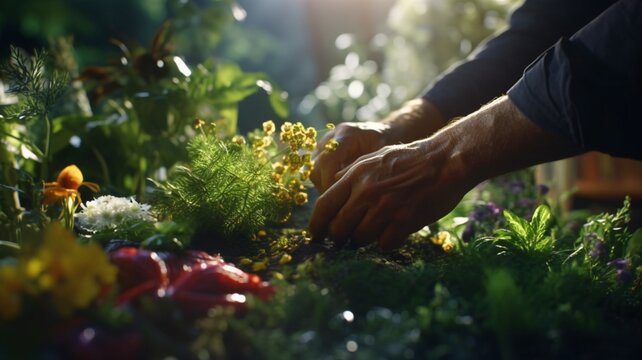 Chef hand selects fresh herbs beautiful image Ai generated art