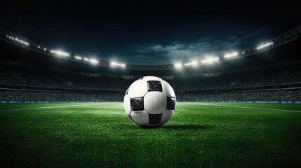 Soccer Ball in a Stadium with Lights.
