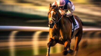 Jockey on racing horse. Champion. Hippodrome. Racetrack. Horse riding. Derby. Speed. Blurred movement. - obrazy, fototapety, plakaty