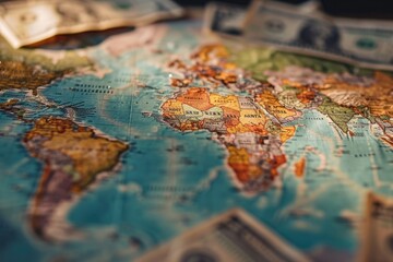Financial Atlas: Journey through the Global Financial Landscape with a World Map Featuring Notes, Markets, Capital, and Investments, Reflecting the Intricacies of the Contemporary Economic System.



 - obrazy, fototapety, plakaty