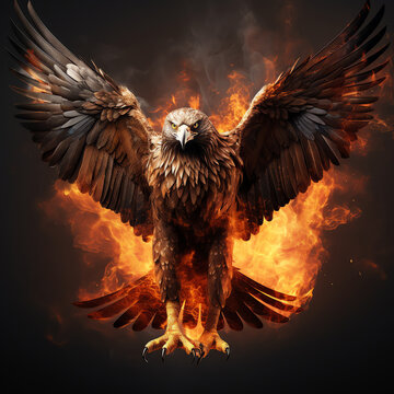 eagle flying through a fire with its wings spread wide