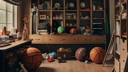 Fotobehang Interior of room with sports equipment and drawers. © haizah