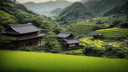 Spring Japan countryside, rice fields. generative AI