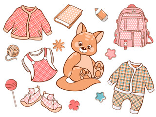 vector set of cute little cartoon baby fox, doll clothes.