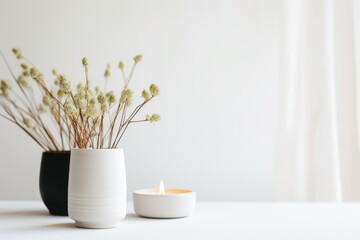 scented candle on a white table with vases on a modern minimalist background, ai generated - obrazy, fototapety, plakaty