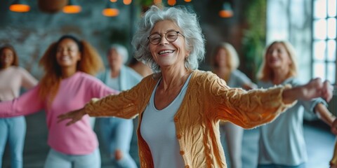 Friends and elderly ladies having a happy dancing lesson. Generative Ai.