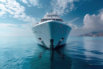 Impressive front side view of the bow of a modern superyacht,