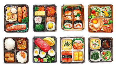 watercolor stickers japanese bento lunch box white background