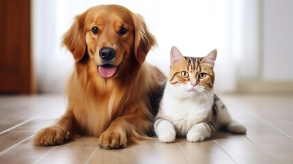 Portrait of Happy dog and cat that looking at the camera