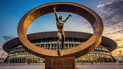 Harmony of Athletics: Statue of Athlete Embraces Olympic Circle Against Modern Olympic Stadium. - obrazy, fototapety, plakaty