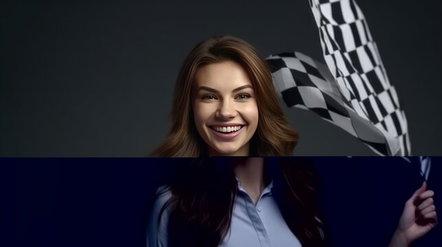 Happy young woman with racing flags on grey background.