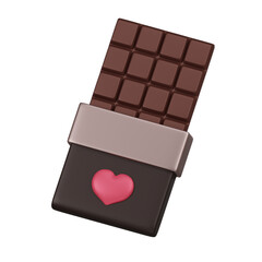 3D Chocolate Bar with Heart Icon for Love Gift. A 3D chocolate bar with a pink heart on its wrapper, an inviting symbol of sweetness and affection often shared as a gift.