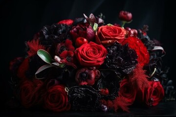 Red and black floral bouquet, perfect for Valentine's Day or a wedding postcard. Generative AI