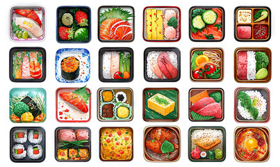 watercolor stickers japanese bento lunch box white background