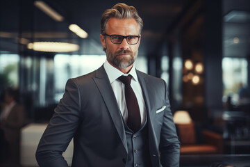 Confident Businessman in Modern Office Setting, A distinguished mature businessman with glasses stands confidently in a sleek, contemporary office environment.