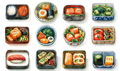 watercolor stickers japanese bento lunch box white background