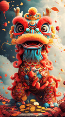 Chinese Lion Dance Amidst Clouds Cartoon Illustration.
A Chinese lion dance character in a cartoon style, set against a dreamy cloud background.