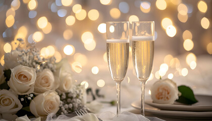 champagne flutes and white roses on white holiday table decor with bokeh sunny day white nature background soft light