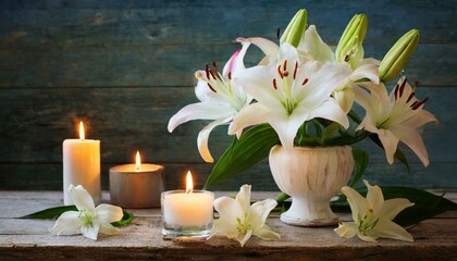 white lily and candle, Twilight Tranquility with Lilies and Gentle Candle Glow