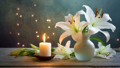 still life with lily and candles, Twilight Tranquility with Lilies and Gentle Candle Glow