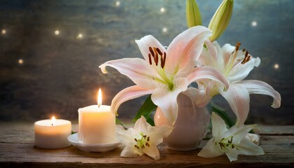 Obraz na płótnie Canvas candle and lily, Twilight Tranquility with Lilies and Gentle Candle Glow