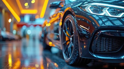 Modern Showroom Display: Elegant Black Car Parked for Sale and Lease