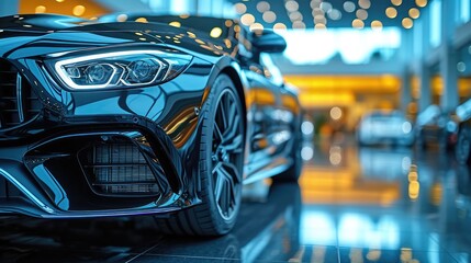 Modern Showroom Display: Elegant Black Car Parked for Sale and Lease