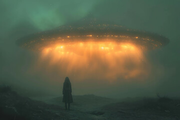 Futuristic spaceship flies through illuminated by fog