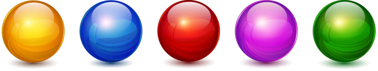 Colored spheres set, glossy 3D colorful glass balls collection.