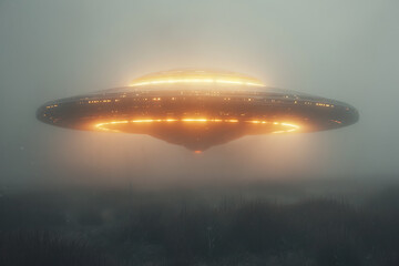 Fototapeta na wymiar Futuristic spaceship flies through illuminated by fog