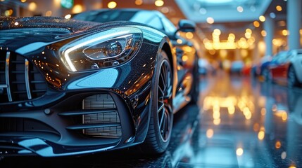Modern Showroom Display: Elegant Black Car Parked for Sale and Lease