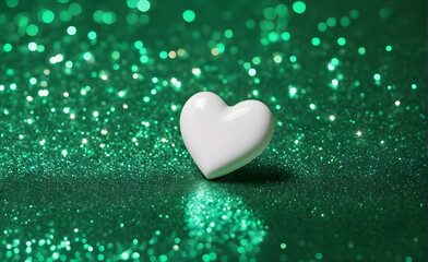 Fototapeta premium A small white heart on a sparkling soft green background. Generative AI