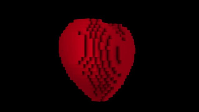 3d heart rotation animation. Love animation, pixel art heart, pixels blocks. Concept: valentine's day, mother's day, birthday, marriage, invitation e-card, love. Big pixelated heart eighties style