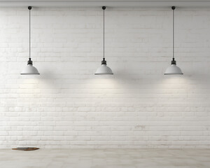 A table with lamps on a white brick wall, Empty white brick wall illuminated black lamps with copy space, Generative Ai