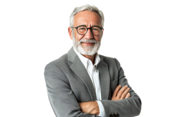 Portrait studio shot of an attractive, healthy senior man smiling relaxedly isolated on transparent png background.	