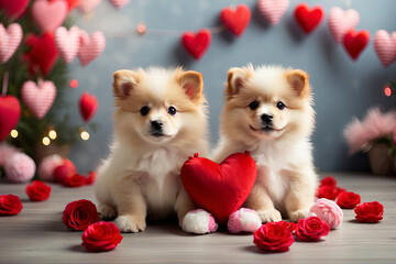 Fototapeta na wymiar Two fluffy puppies sitting amidst heart-shaped toys or playing with a heart-shaped pillow. Love and Valentine's concept